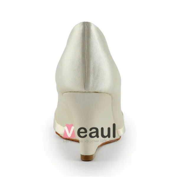 Princess Round Toe Mid Wedges Satin Pumps Wedding Shoes With Ruffle Bow