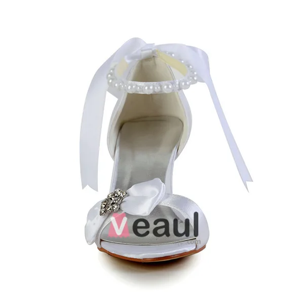 Elegant Open Toe Mid Wedges White Satin Sandals Bridal Wedding Shoes With Bow Rhinestone Pearl