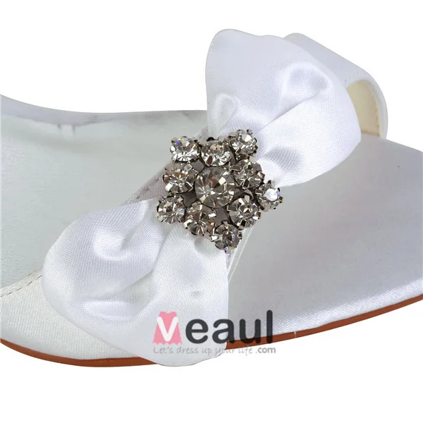 Elegant Open Toe Mid Wedges White Satin Sandals Bridal Wedding Shoes With Bow Rhinestone Pearl