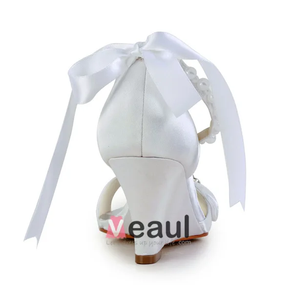 Elegant Open Toe Mid Wedges White Satin Sandals Bridal Wedding Shoes With Bow Rhinestone Pearl