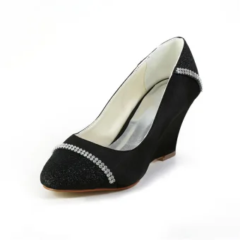 Sparkle Round Toe Mid Wedges Black Glitter Pumps Shoes With Rhinestone