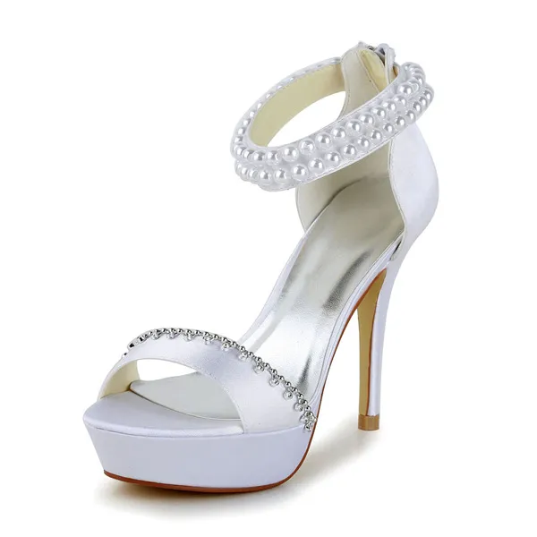 Fashion White Bridal Shoes Satin Stilettos Platform Sandals With Pearl Ankle Strap
