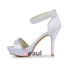 Fashion White Bridal Shoes Satin Stilettos Platform Sandals With Pearl Ankle Strap