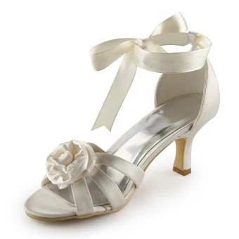 Beautiful Peep Toe Mid Heels Beige Satin Strap Sandals Bridal Wedding Shoes With Flower