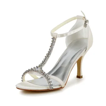 Sparkly High Heels Ivory Satin T Strap Wedding Shoes With Rhinestone