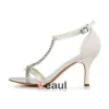 Sparkly High Heels Ivory Satin T-strap Wedding Shoes With Rhinestone