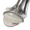 Sparkly High Heels Ivory Satin T-strap Wedding Shoes With Rhinestone