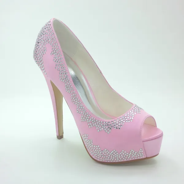 Sparkly Pink Bridal Shoes Satin Stilettos Pumps With Rhinestone