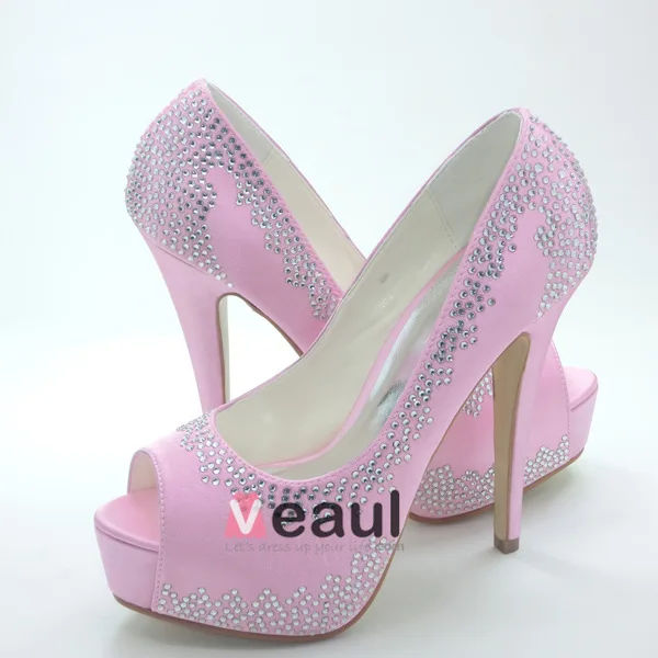 Sparkly Rosa Brudesko Satin Stiletter Pumps Med Rhinestone