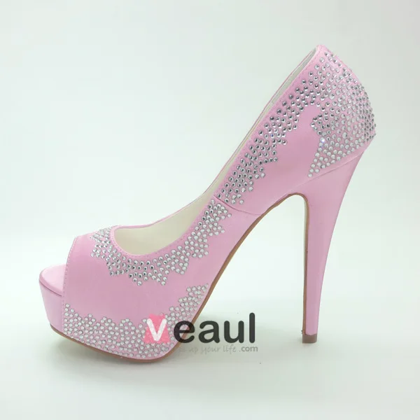 Sparkly Rosa Brudesko Satin Stiletter Pumps Med Rhinestone