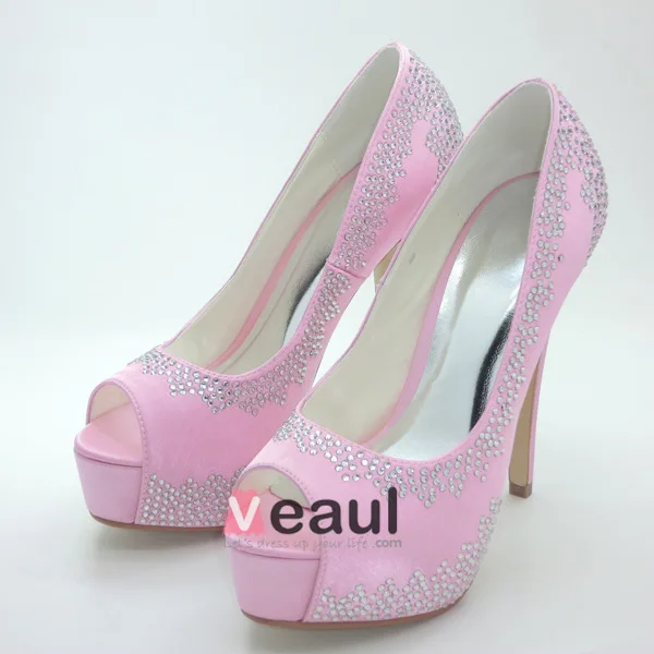 Sparkly Rosa Brudesko Satin Stiletter Pumps Med Rhinestone