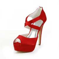 Mode Red Brautschuhe Satin Peep Toe Heels Stilettos