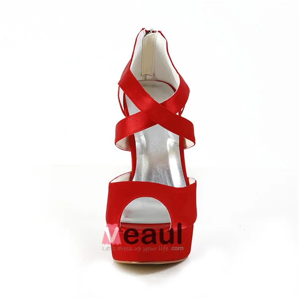 La Mode Chaussures De Mariée En Satin Rouge Stilettos Peep Toe Talons