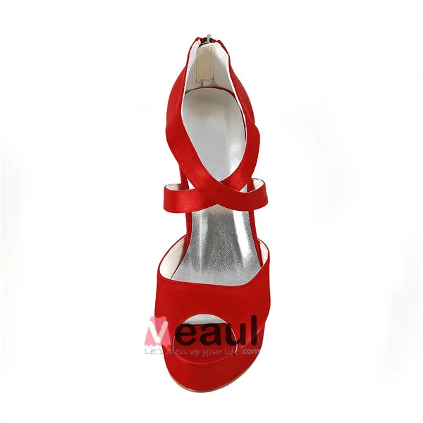 La Mode Chaussures De Mariée En Satin Rouge Stilettos Peep Toe Talons