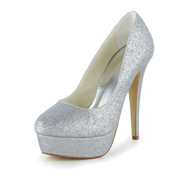 Glitter Chaussures De Mariée Argent Stilettos Escarpin Compensé