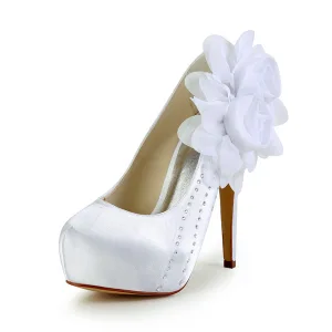 Elegant White Bridal Shoes Satin Stilettos Platform Pumps With Flowers