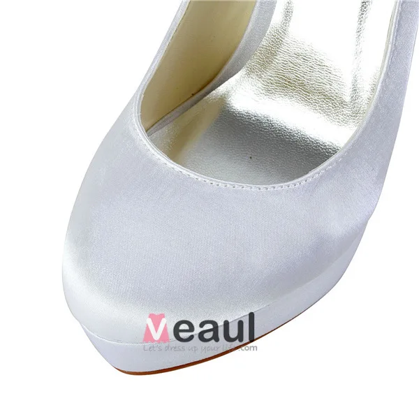 Elegante Hvite Brudesko Satin Stiletter Plattform Pumps Med Rhinestone