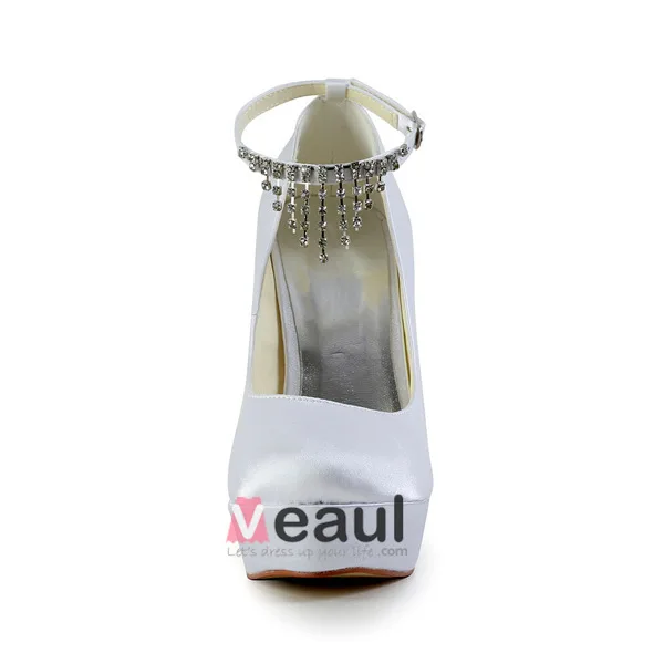 Elegante Hvite Brudesko Satin Stiletter Plattform Pumps Med Rhinestone