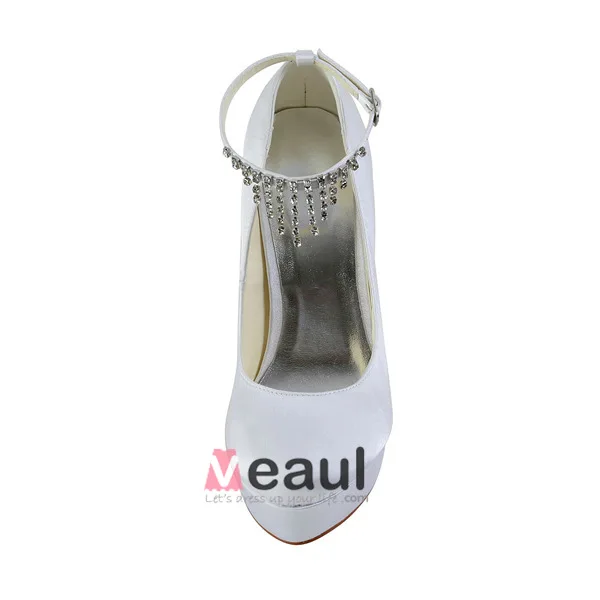 Elegante Hvite Brudesko Satin Stiletter Plattform Pumps Med Rhinestone