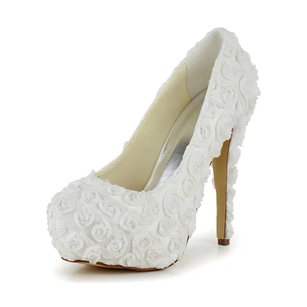Beautiful Ivory Bridal Shoes Lace Flower Stilettos Platform Pumps