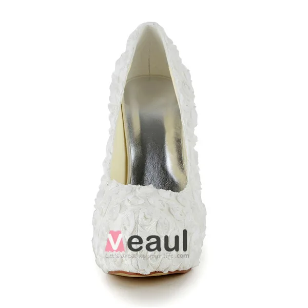 Beautiful Ivory Bridal Shoes Lace Flower Stilettos Platform Pumps