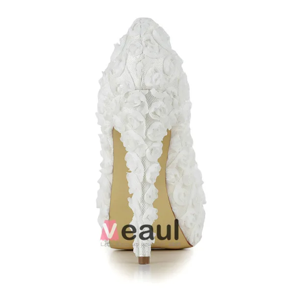 Beautiful Ivory Bridal Shoes Lace Flower Stilettos Platform Pumps