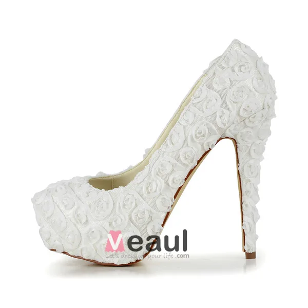 Beautiful Ivory Bridal Shoes Lace Flower Stilettos Platform Pumps