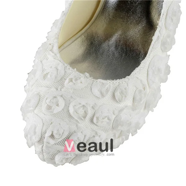 Beautiful Ivory Bridal Shoes Lace Flower Stilettos Platform Pumps