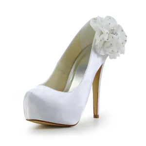 Élégante Chaussures De Mariée Escarpins De Satin Plateforme Avec Strass Fleur