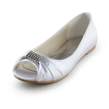 Sparkly Peep Toe Hvit Krusning Sateng Flate Brudskor