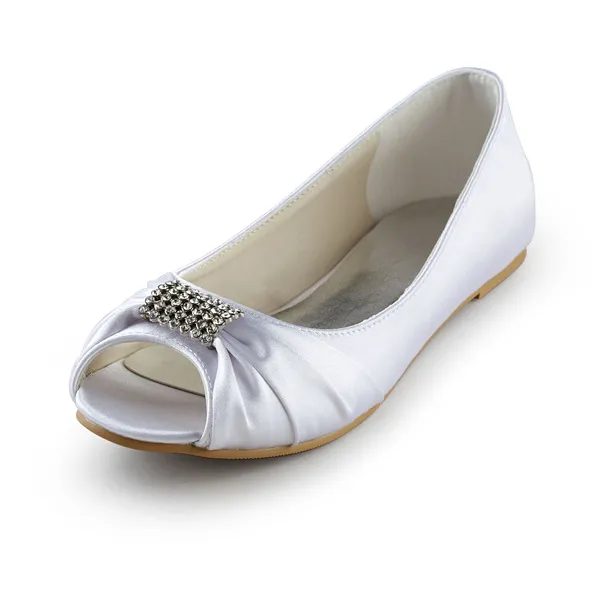 Sparkly Peep Toe White Ruffle Satin Flat Bridal Wedding Shoes