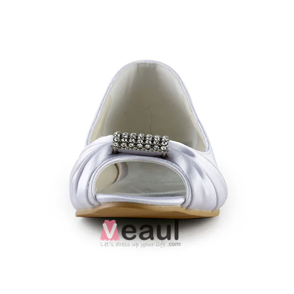Sparkly Peep Toe Hvit Krusning Sateng Flate Brude Brudesko