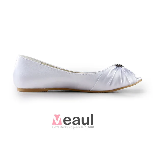 Sparkly Peep Toe Hvit Krusning Sateng Flate Brude Brudesko