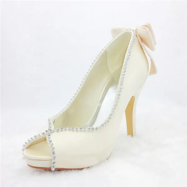 Elegant Ivory Bridal Shoes Satin Peep Toe Pumps With Rhinestone