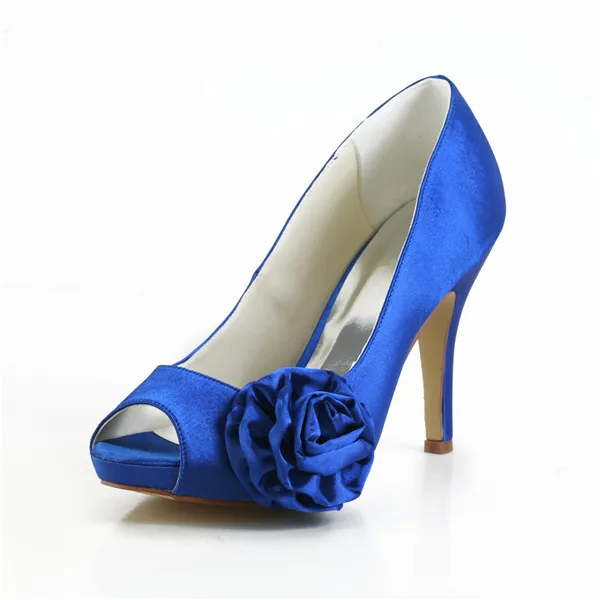 Elegant Blue Prom Shoes Peep Toe Satin Pumps With Flower