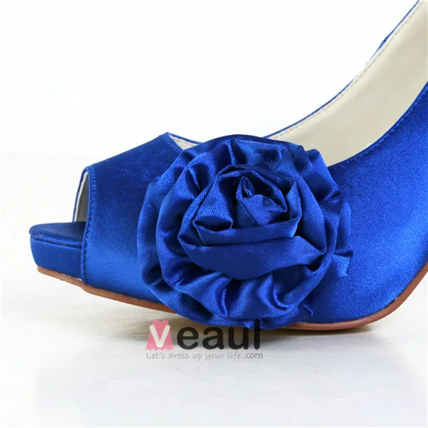 Elegant Blue Prom Shoes Peep Toe Satin Pumps With Flower