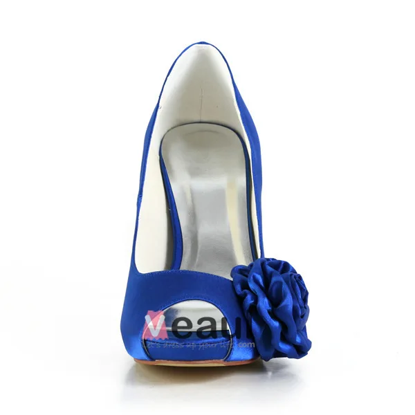 Elegant Blue Prom Shoes Peep Toe Satin Pumps With Flower