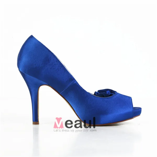 Elegant Blue Prom Shoes Peep Toe Satin Pumps With Flower Elegant Blue Prom Shoes Peep Toe Satin Pumps With Flower