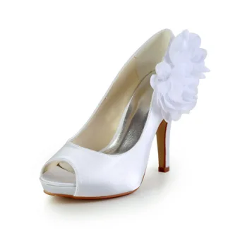 Beautiful White Bridal Shoes Satin Peep Toe Stilettos Pumps With Flowers
