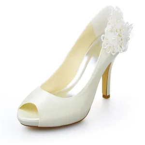 Vackra Ivory Brudskor Satin Stilettos Pumps Med Spets Blommor