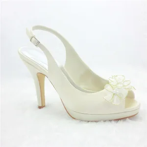 Elegant Elfenben Brudesko Satin Stiletter Slingbacks Sandaler Med Blomst