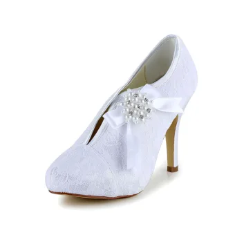 Simple White Winter Bridal Shoes Lace Stilettos Pumps With Pearl Bow