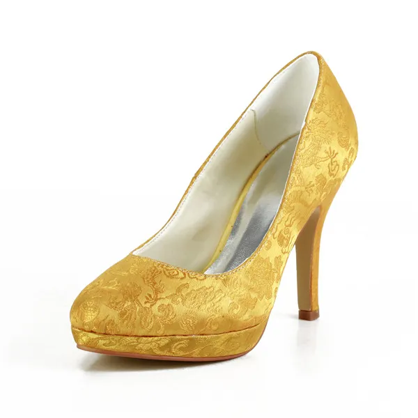 Gorgeous Gold Party Shoes Embroidered Satin Stilettos Pumps