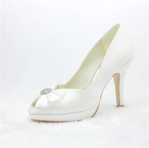 Vackra Elfenben Brudskor Satin Peep Toe Stilettos Pumps Med Rosett Smycken