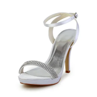 Sparkly Hvit Festsko Satin Stilettos Slingbacks Sandal Med Ankel Strap