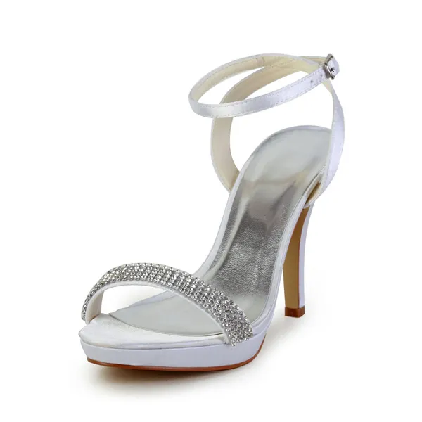 Sparkly White Party Shoes Satin Stilettos Slingbacks Sandal With Ankle Strap