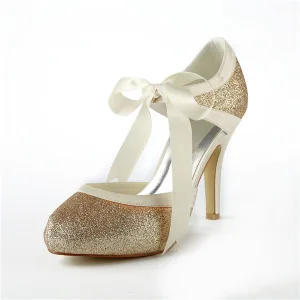Glittrig Champagne Brudskor Glitter Stiletter Sandaler Med Band Slips
