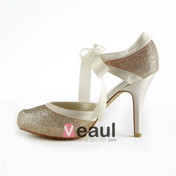Sparkly Champagne Brudesko Glitter Stilettos Sandaler Med Bånd Slips