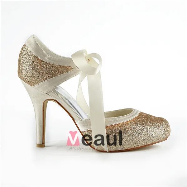 Sparkly Champagne Brudesko Glitter Stilettos Sandaler Med Bånd Slips