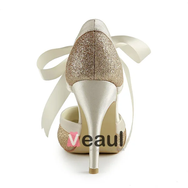 Sparkly Champagne Brudesko Glitter Stilettos Sandaler Med Bånd Slips